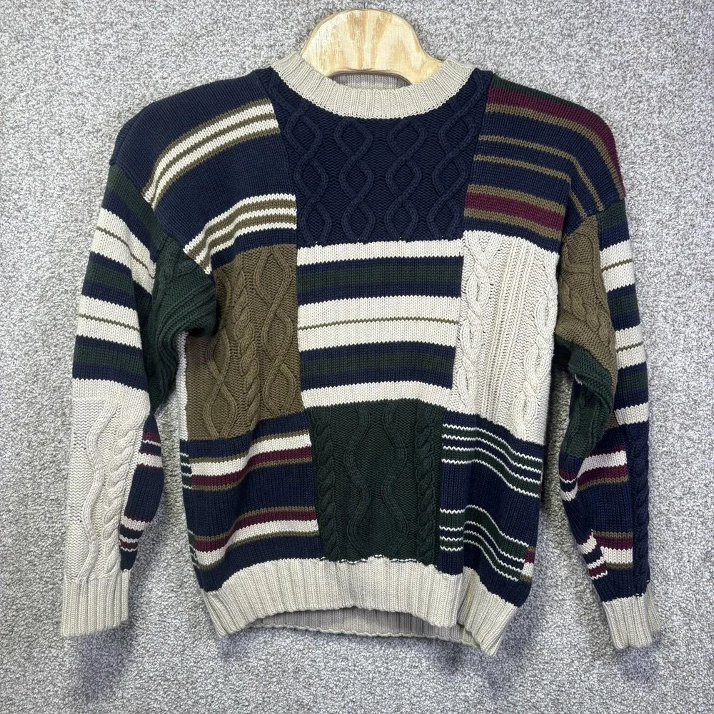 Woods&Gray Sweater Mens XL Multicolor Patchwork Cable Knit Crewneck Hong Kong